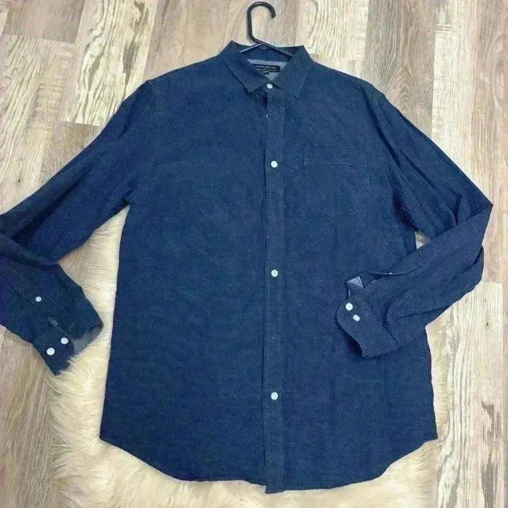 Banana Republic navy stretch soft wash slim fit dress shirt sz L textured dot